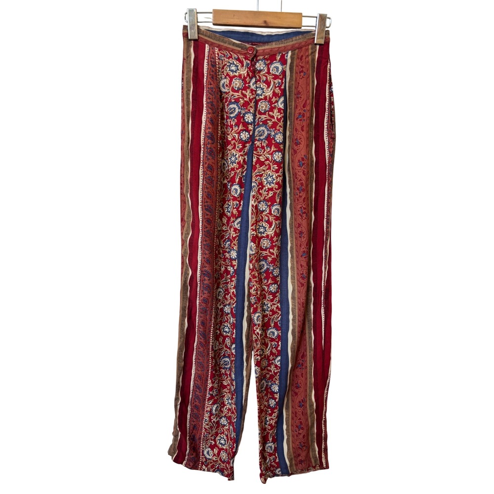 Vintage Cotton Ginny Red Floral Striped Wide Leg Rayon Pants XS Made in Canada